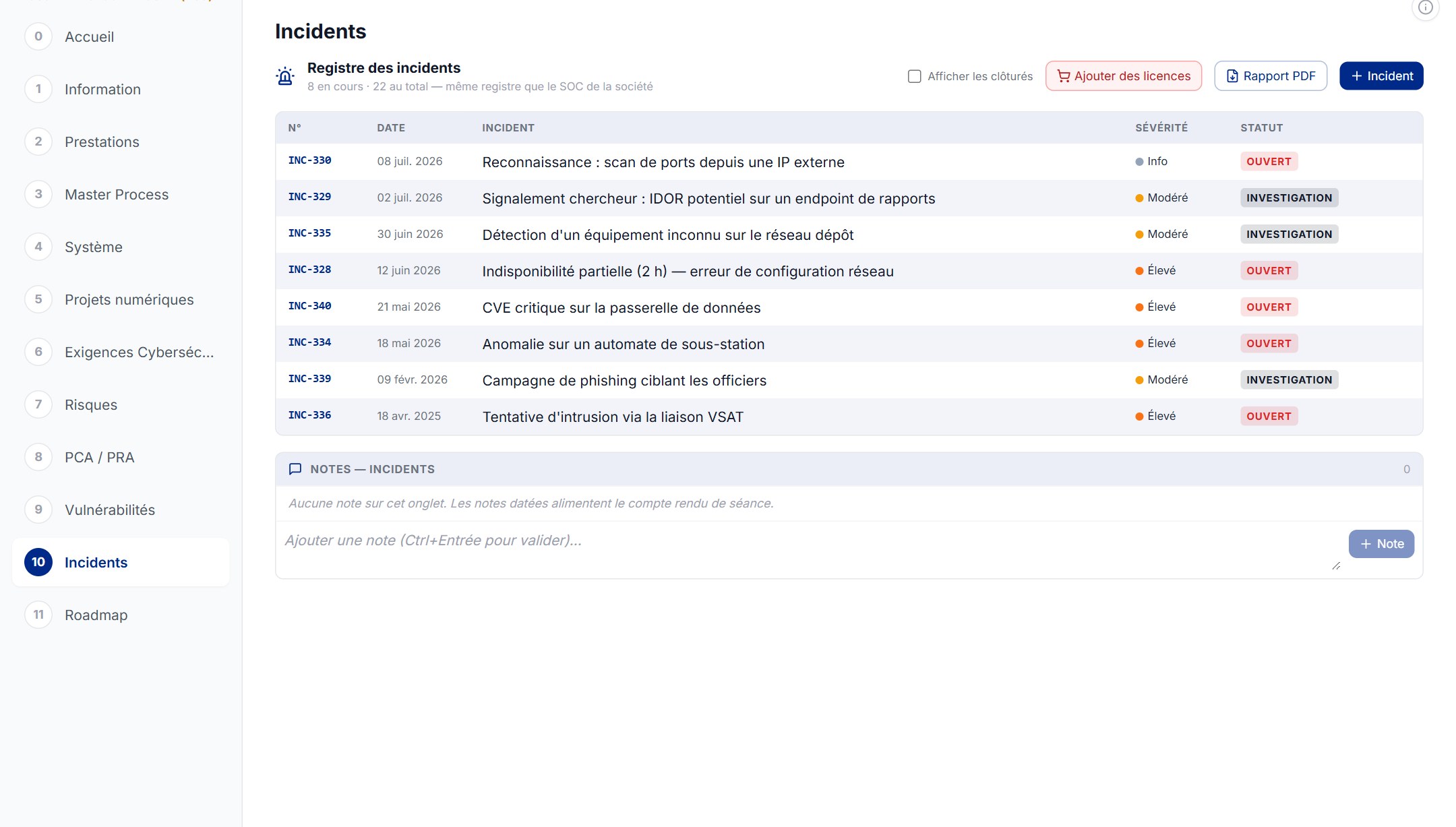 Onglet Incidents du Dossier de Sécurité : liste des incidents avec état, contention et journal