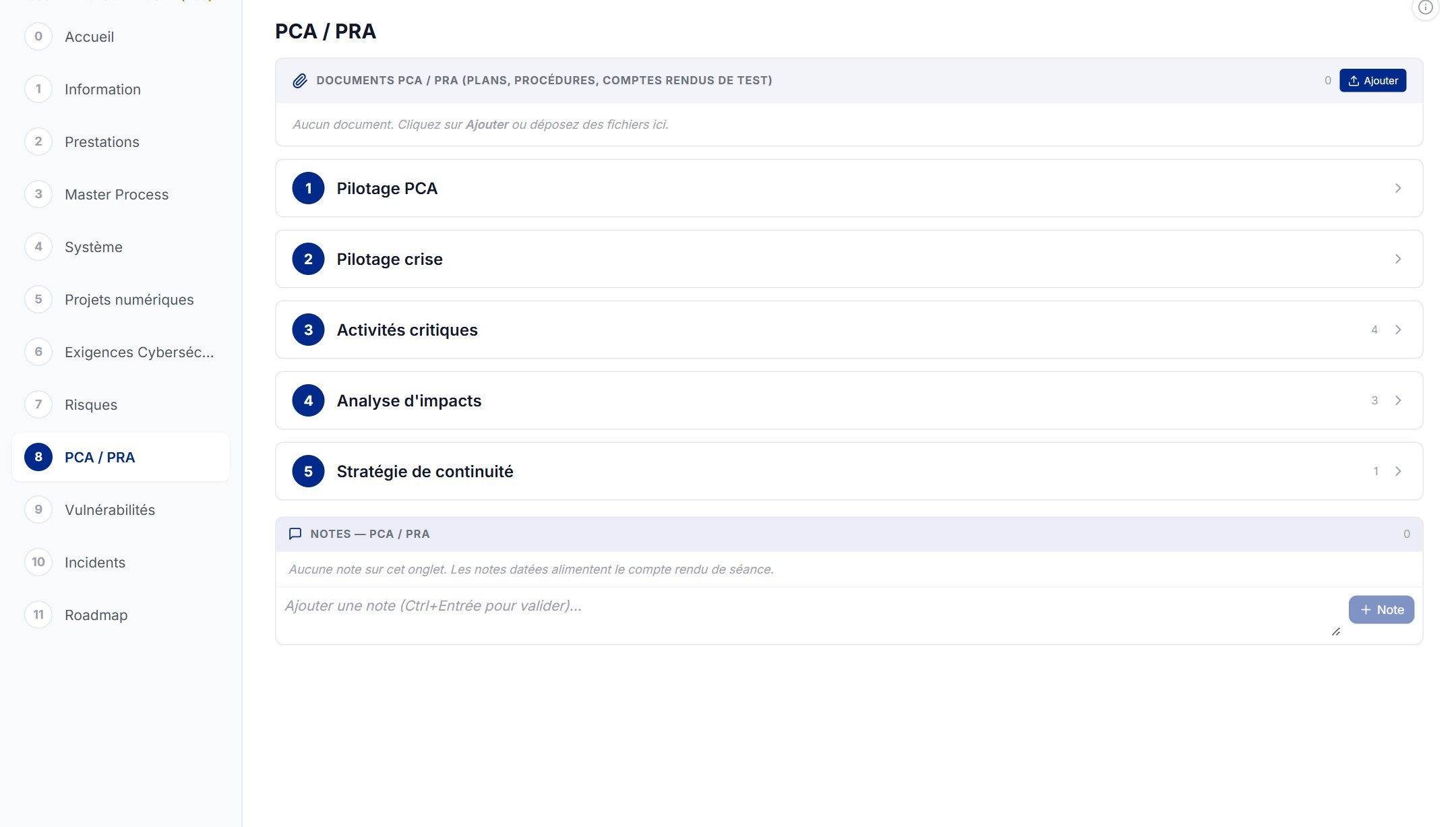 Onglet PCA / PRA du Dossier de Sécurité : cinq blocs, pilotage, cellule de crise, activités critiques, analyse d'impacts, stratégie de continuité