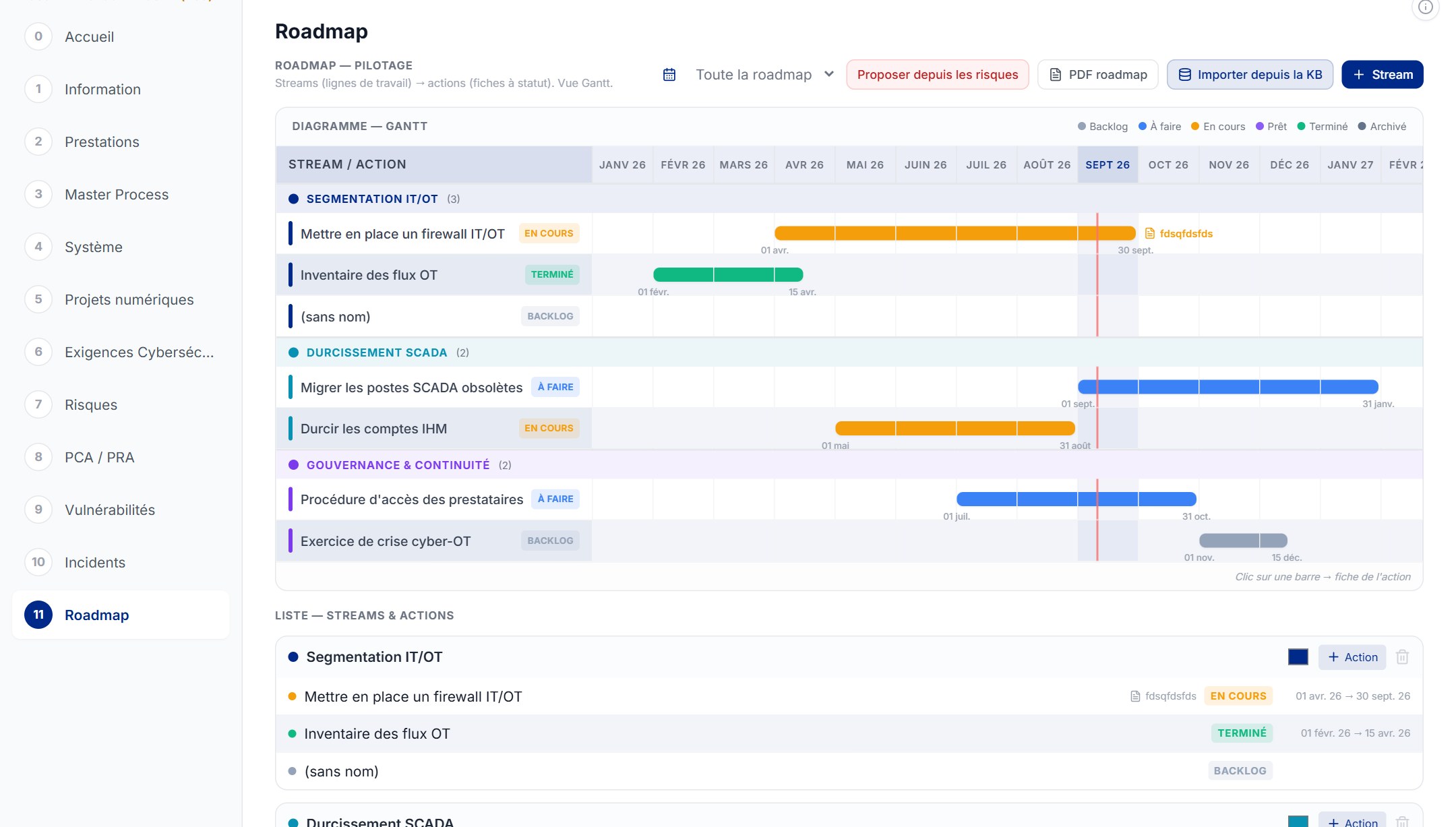 Onglet Roadmap du Dossier de Sécurité : diagramme de Gantt par flux de travail et liste des actions avec statut